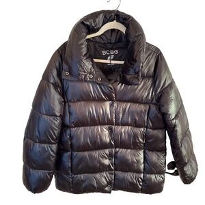 BCBG Max‎ Azria Womens Puffer Jacket Black Shawl Collar Feather Free Fill Size M